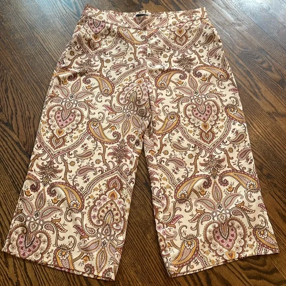 Melanie Lyne sz 14 Wide leg flowy cropped pants w paisley print brown pink gold - Picture 4 of 14